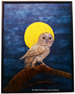 The first in a trio of planned paintings featuring owls, here an owl pauses before taking flight.