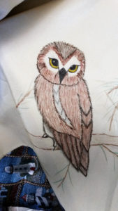Detail from the beginning of a 9-foot painting of owls and their prey.