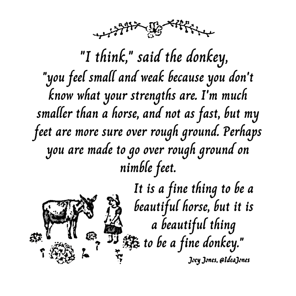 Text, a very short story, with line drawings of a girl, flowers and a donkey.
